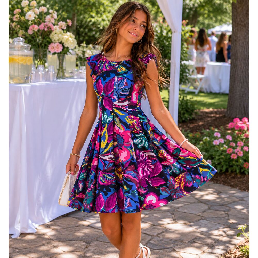 Gabby Skye Bright Colorful Dress 8 Fit and Flare Floral Knee length
